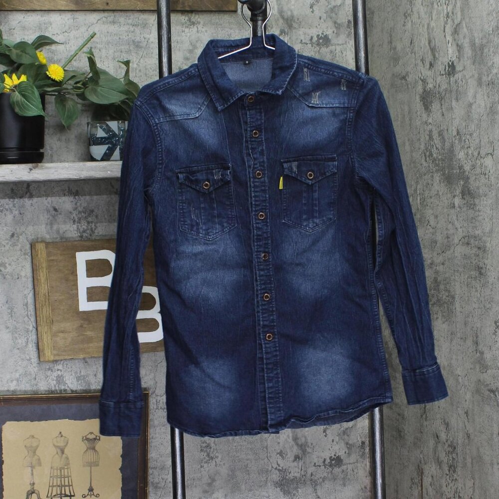 AIOPESON Mens Long Sleeve Distressed Denim Button Up Shirt Dark Blue S